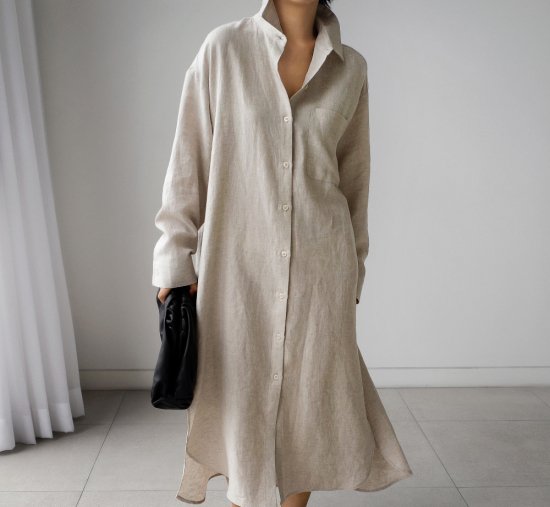 【取寄：納期2週間】シャツワンピース ロングワンピース レディース リネンワンピース コットン 麻 綿 長袖