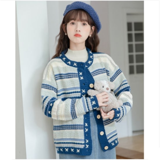 【取寄：納期2週間】ニットカーディガン レディース カーディガン ボーダー カジュアル お出掛け おしゃれ ボタン ブルー 青 秋冬 セーター 羽織 ライトアウター トップス ルーズシルエット