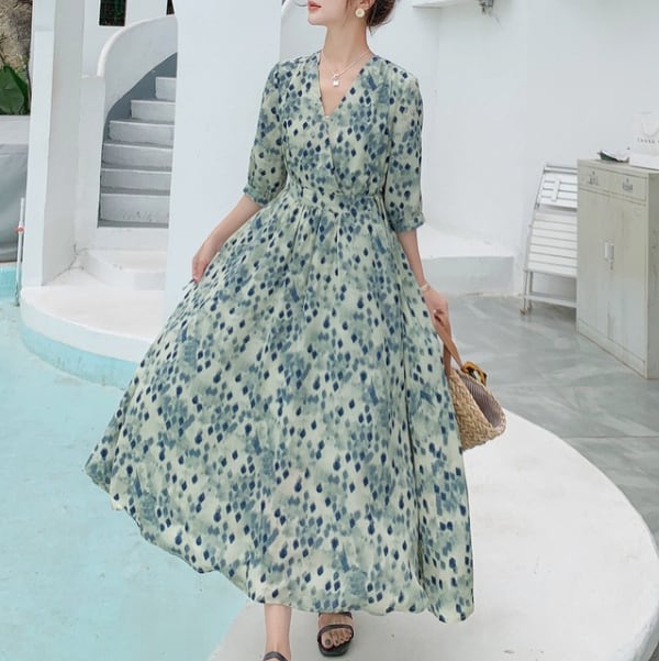 ダイヤパターン カシュクール Vネック ワンピース 7分袖 ミモレ丈 ロング丈 ウエストリボン Aライン フレア ハイウエスト グリーン かわいい 大人可愛い きれいめ シンプル カジュアル 大人 l