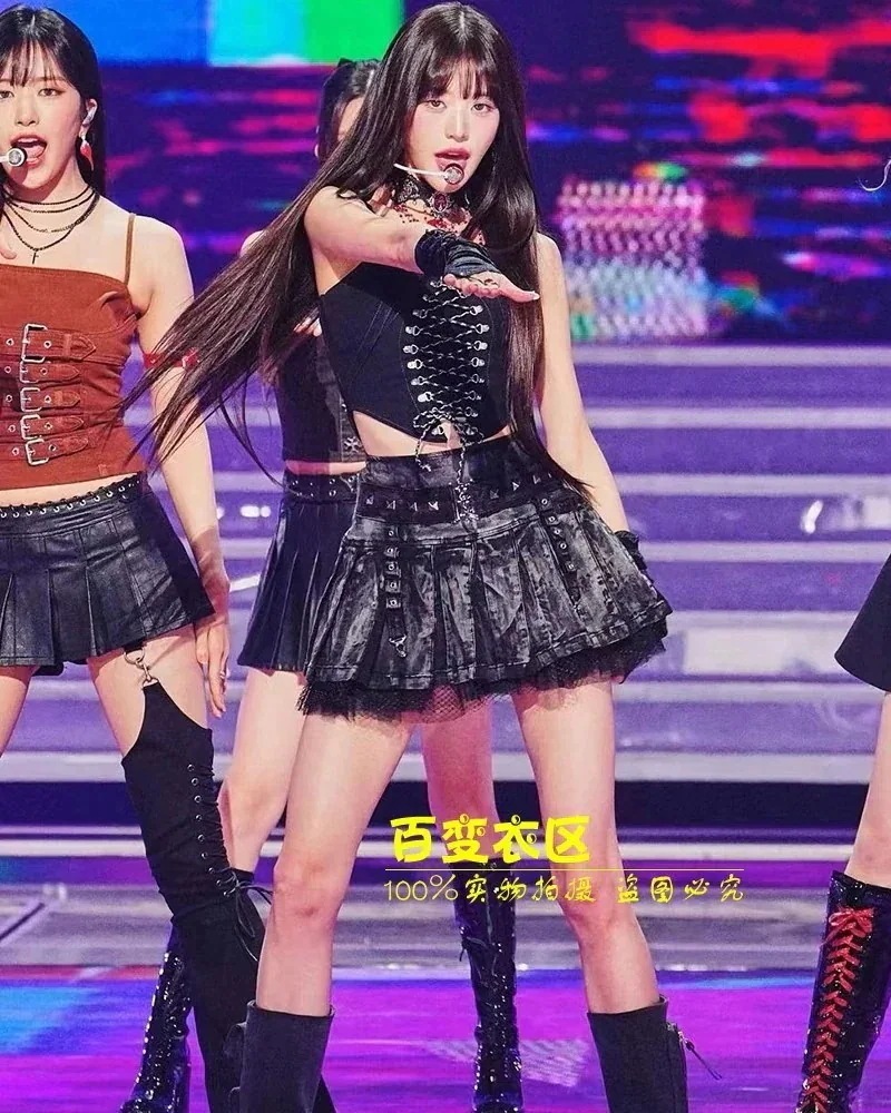 韓国パフォーマンス衣装 ステージ衣装 ダンス衣装 練習着張元英ジャズダンススーツストラップラップチェストシンフォニーレザースカートスーツ