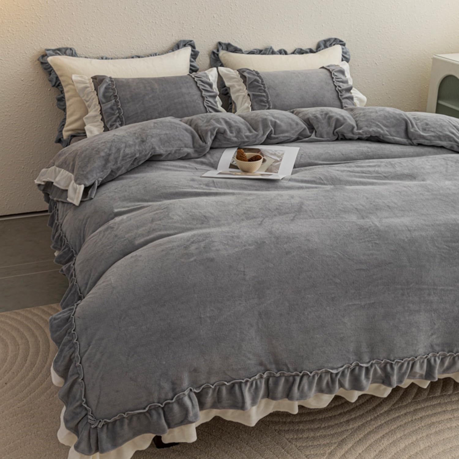 「 ｚｚ．ｌｕｘｉ」布団カバーセット マイクロファイバー ダブルフリル付きデザイン フランネル 3点セット毛布カバー あったか 冬 吸湿発熱 静電気防止 寝具カバー 洋式和式兼用 ベッドカバー 掛