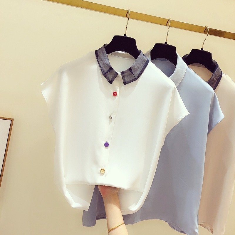 ３色 トップス シャツ ブラウス カットソー レディース 春夏 きれいめ ゆったり 袖なし ノースリーブ 襟付き フレア プルオーバー 白 ホワイト 青 ブルー くすみカラー 大人カラー 春カラー ア