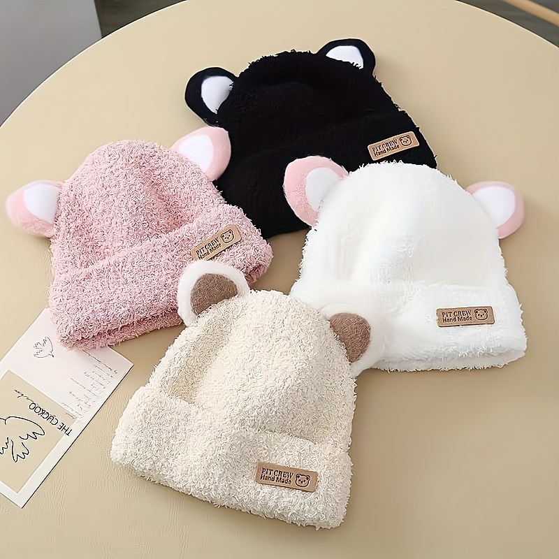 若者向けの居心地の良い＆かわいいベアイヤー編み帽子 - 暖かく伸縮性のあるコットンビーニーふわふわの裏地付き感謝祭秋＆冬に