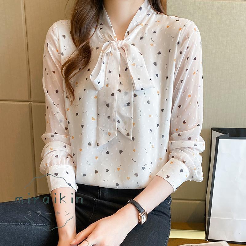 ブラウス レディース 春 夏 春夏 シャツ ブラウスシャツ 長袖 ボウタイ ハート柄 きれいめ リボンボウタイ トップス オフィス カジュアル 20代 30代