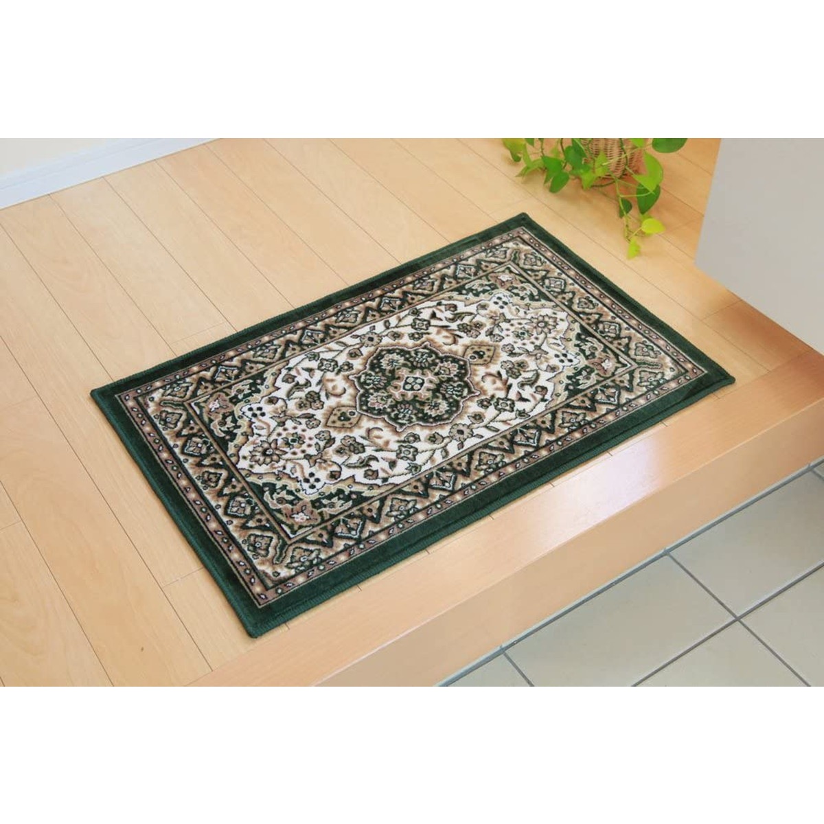 【i】玄関マット 洗える モケット織り 王朝柄 『メンデル』 グリーン 約約67×110cm 滑りにくい加工【北海道・沖縄・離島不可】