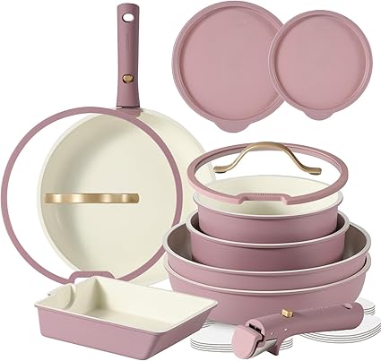 16点 鍋セット IH・ガス火対応 フリー 取っ手のとれる マーブルコート くっつきにくい 洗いやすい 高級感ありのつまみ 紫