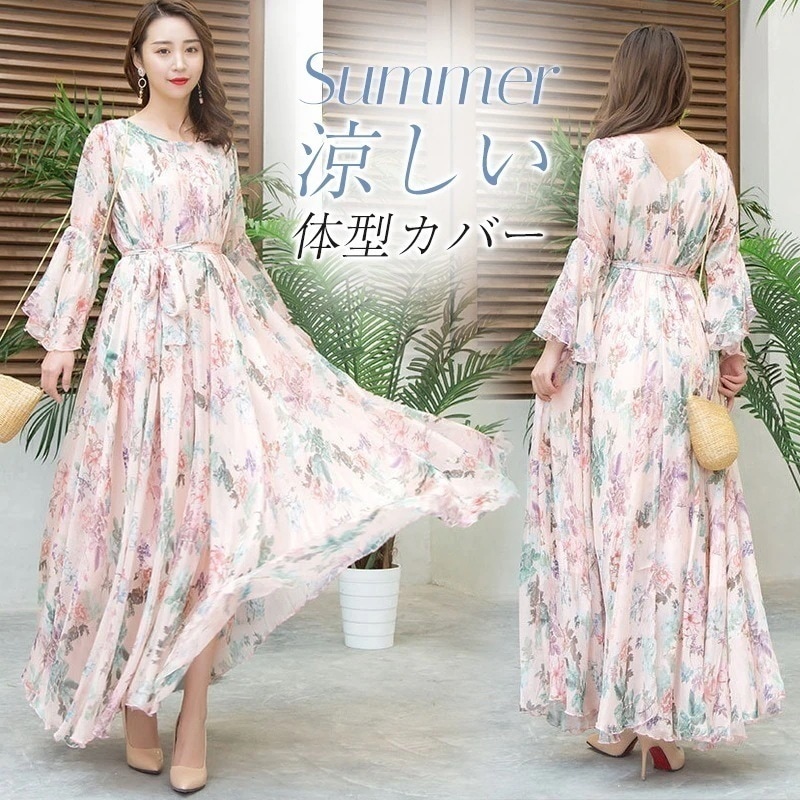 ワンピース レディース ロングワンピース 七分袖 花柄 ワンピ 体型カバー ゆったり ゆるっとワンピース シンプル ラウンドネック かわいい新春 夏 秋 大きいサイズ カジュアル 20代 30代 40