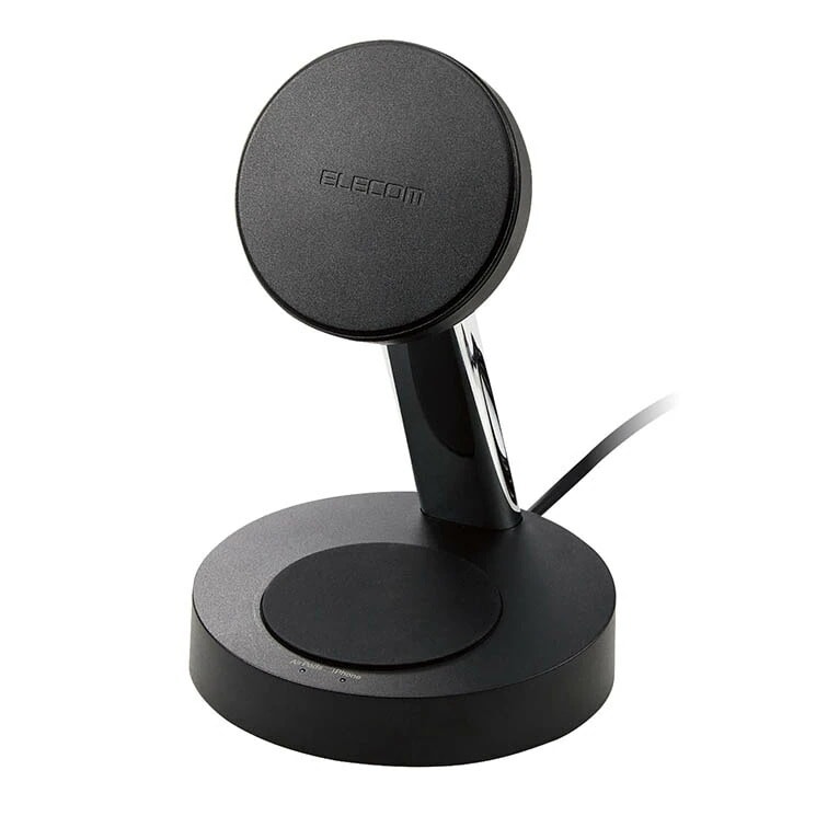 ワイヤレス充電器 7.5W+5W マグネット式 スタンドタイプ 同時充電 縦置き 横置き両対応 滑り止めパッド ケーブル一体 1.5m ブラック