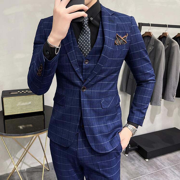 チェック柄スリーピースビジネススーツフォーマルスーツメンズ3点lセットジャケット+パンツ+ベストセットアップ結婚式シングルスーツスーツセット3ピーススーツスリムスーツ司会舞台花婿撮影通勤パーティー発表