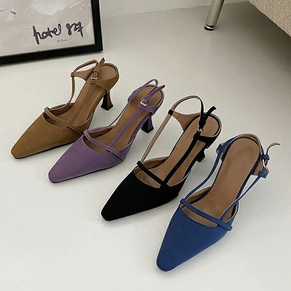 パンプス サンダル ポインテッドトゥ バックストラップ 黒 ブラック ブルー パープル ベージュ