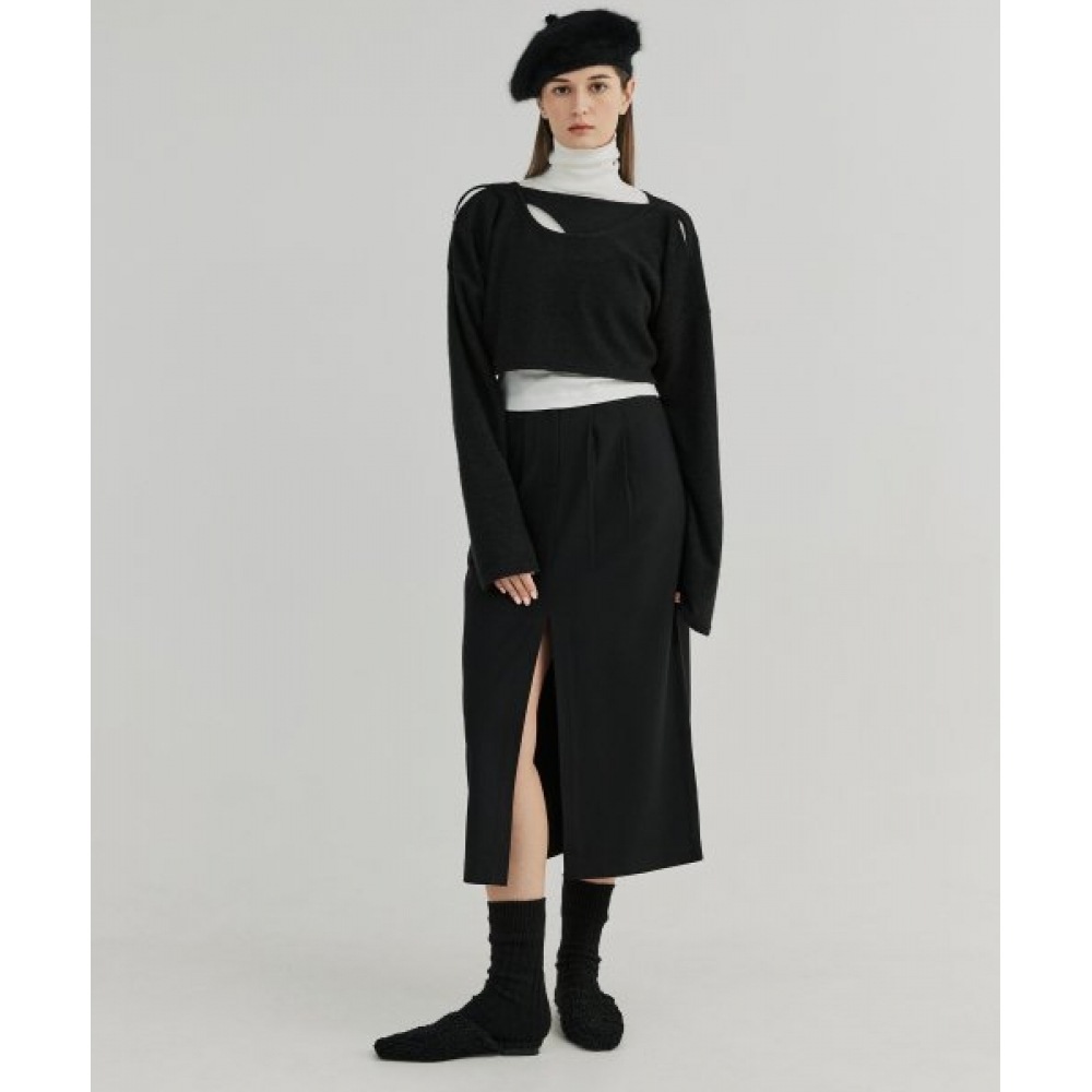 FREIHEIT (フレイハイト) ツータックボタンスリットロングスカート (ブラック)