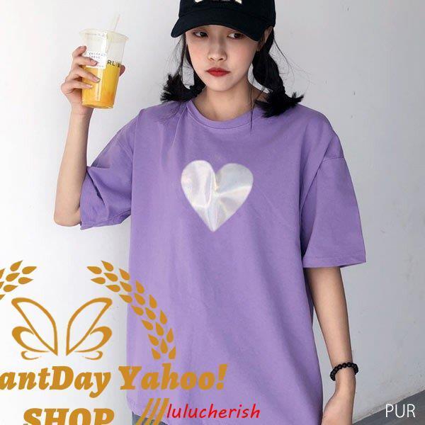 Tシャツ レディース トップス 半袖 ハート チュニック プールオーバー 五分袖 クルーネック 白 ホワイト パープル