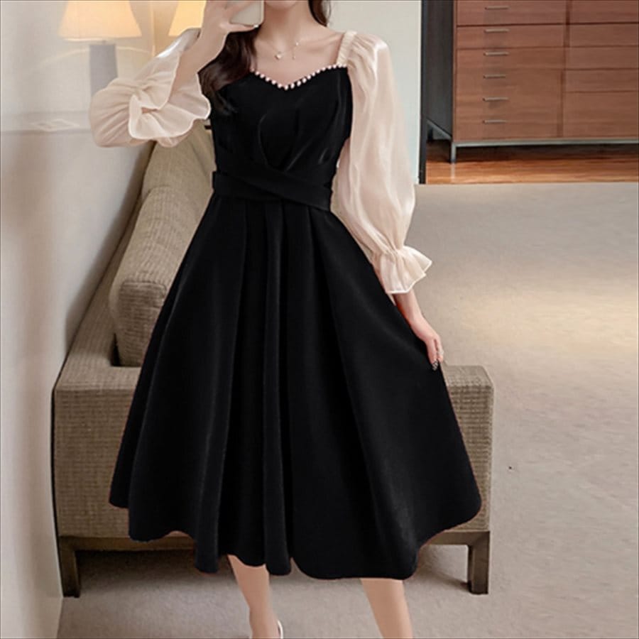 ロングドレス 2色 ワンピース ドレス dress 衣装 パーティドレス カラードレス ロング ロング丈 膝丈 ひざ丈 袖あり 長袖 フレアスリーブ ラウンドネック Aライン フレア