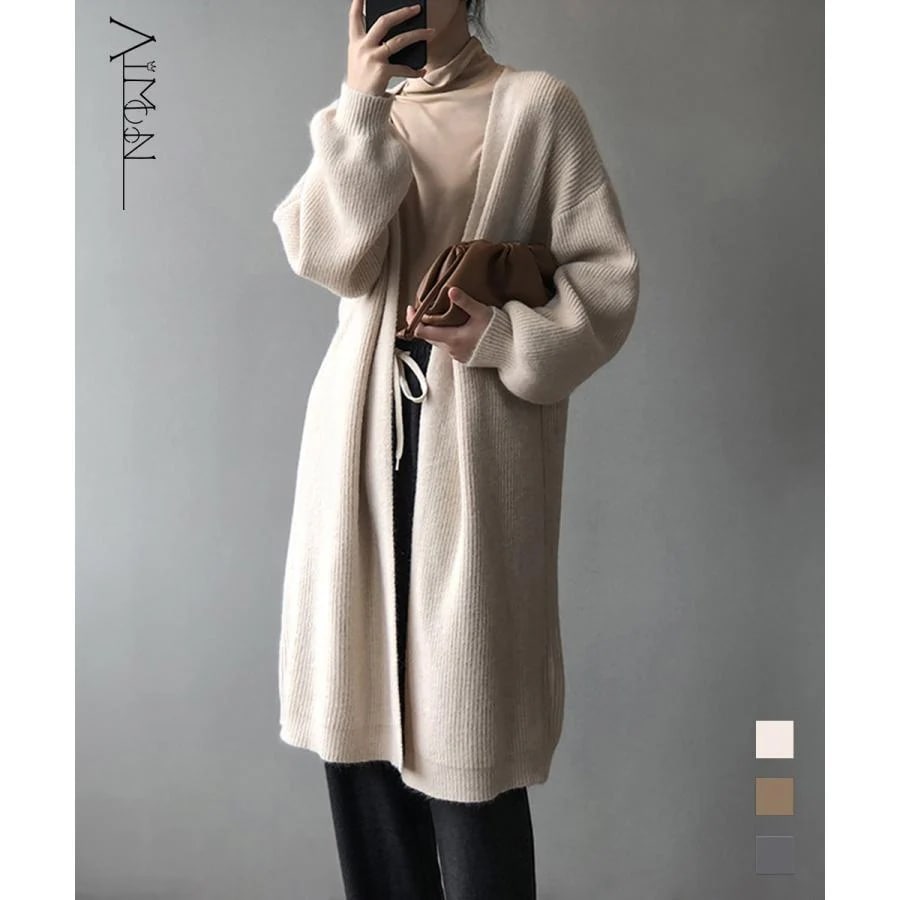 リブニット ロングカーディガン 韓国風