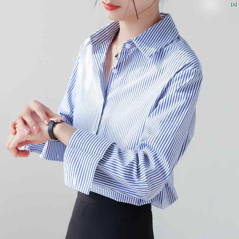 レディース ファッション　レディース　カジュアル　上品　綺麗　外出 ブルーストライプ コットン 長袖 シャツ 秋 新 シック 通勤 トップ