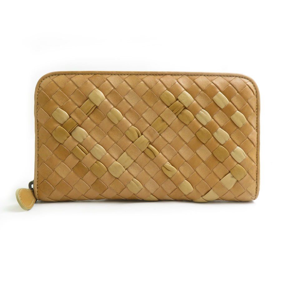 ボッテガヴェネタ BOTTEGAVENETA ラウンドファスナー長財布 イントレチャート レザー ライトブラウン ユニセックス h32011a