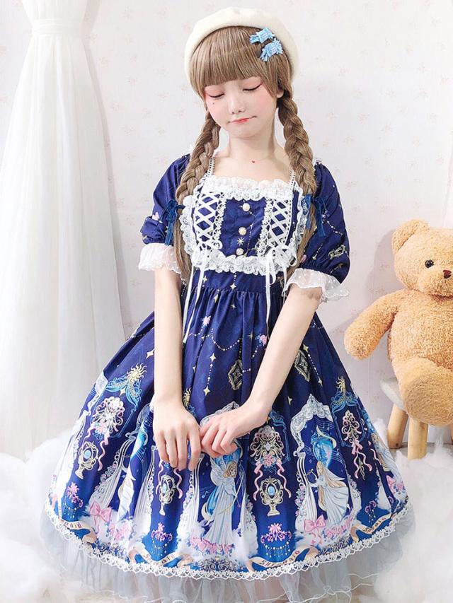 【短納期】甘いロリータOPドレスレースブルー半袖ロリータワンピースドレス