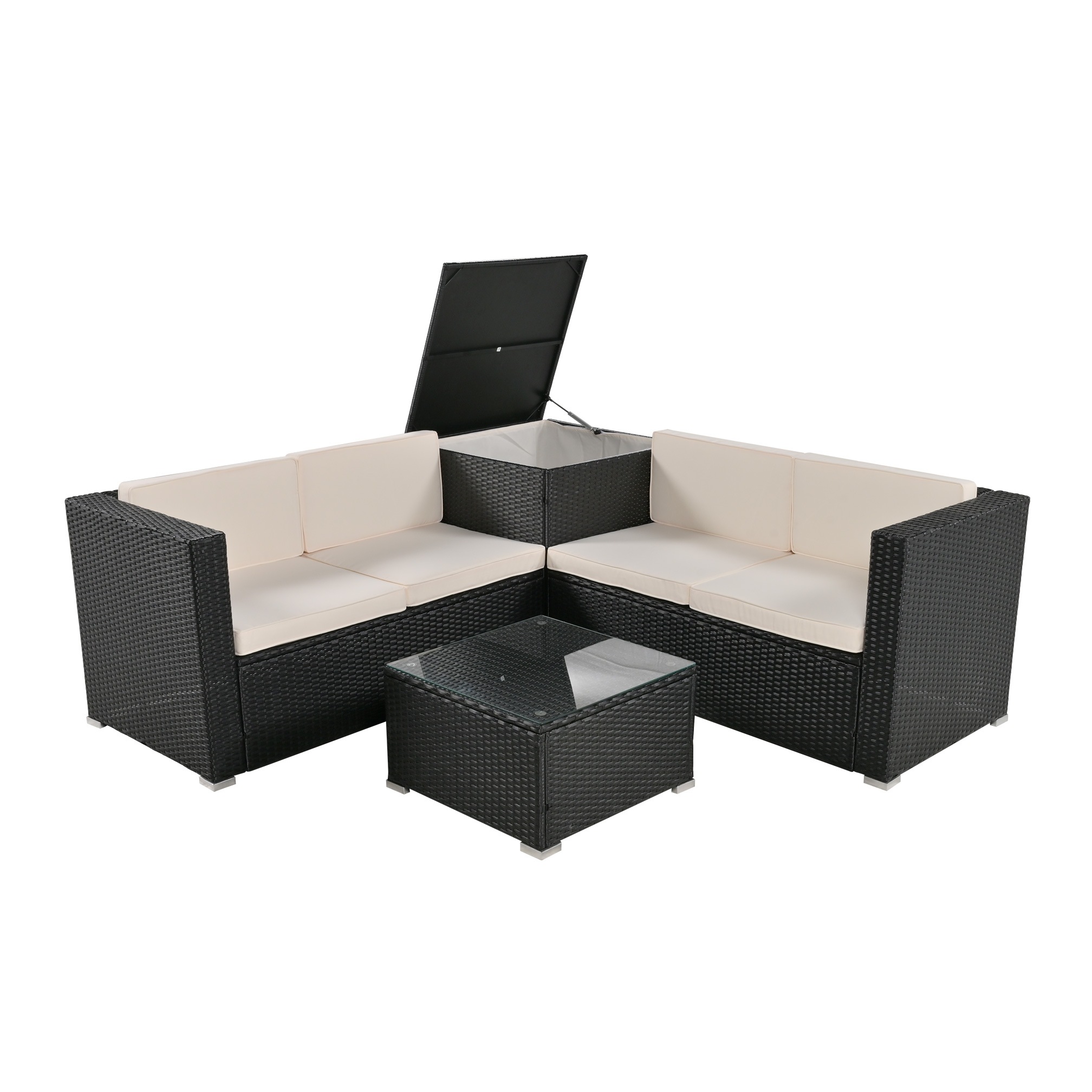 ガーデンファニチャー 4点 収納付き ガーデン クッション付き ラタン調 家具 アウトドア ソファーセット ホテル カフェ ベランダ 高級 おしゃれ【ホワイト】