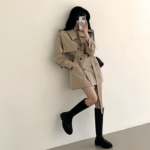 [腰がくびれて~/女性らしい] デートしやすい日ダブルトレンチワンピース ショートコート (2color)