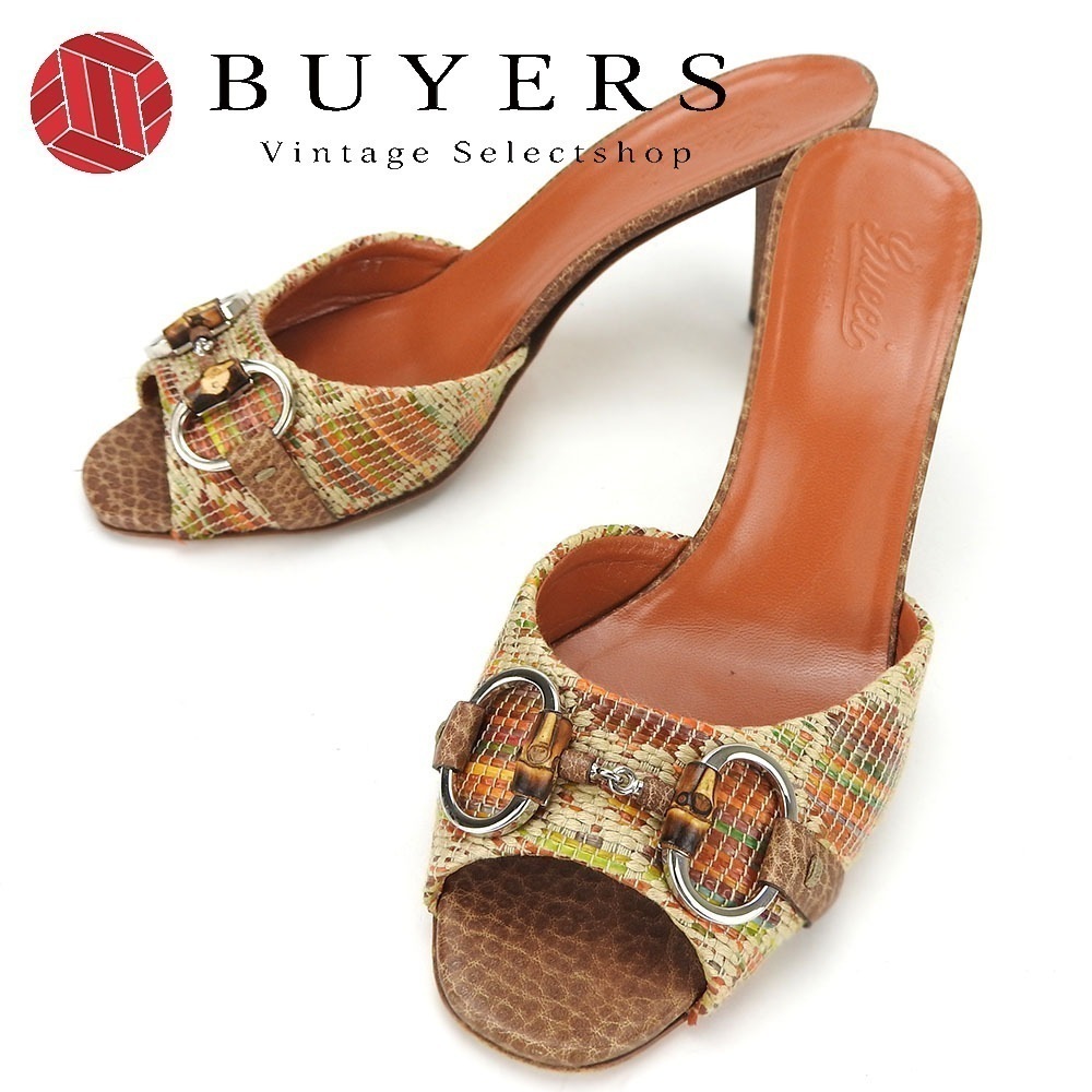 中古 サンダル ホースビット バンブー 37 レザー ラフィア ブラウン オレンジ シルバー金具 ミュール 約24cm レディース 女性