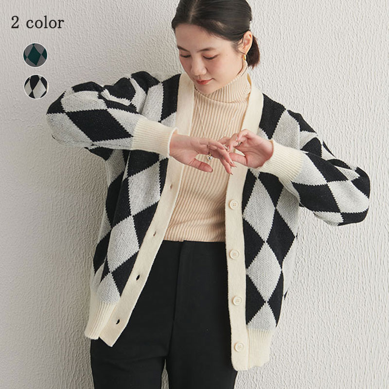 1点2,890円！50%OFFクーポン利用で！ 3B24ニットカーディガン ニット レディース アウター ボア 長袖 vネック 秋物 秋冬 ブラック 黒 ホワイト 白 アーガイル マルチカラーニットカ