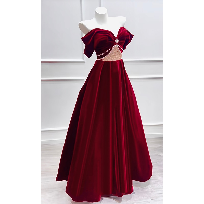 ボルドー冬の上品ベルベット一文字肩敬酒服花嫁2023新装エンゲージドレス高級感 9,462円