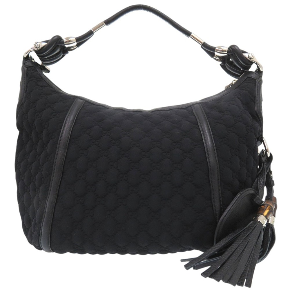 美品 GGロゴ　ワンショルダー フリンジ バンブー ホースビット ホーボーバッグ ショルダーバッグ ナイロン/レザー ブラック 1019【中古】 ユニセックス