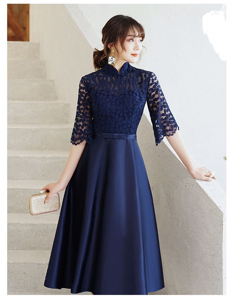 水色/ネイビー/ブラック　半袖　Aライン　二次会ドレス パーティードレス　ミモレ丈　フォーマルドレス　ミディアム丈　ワンピース二次会演出司会 結婚式お呼ばれ　忘年会　司会　エレガント　レース　ファスナ