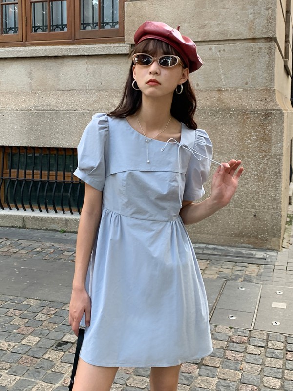 オモント エッグタルト パフスリーブ ドレス 2023 新作 レディース デザイン スリム プチ ベビードール スカート ショートスカート