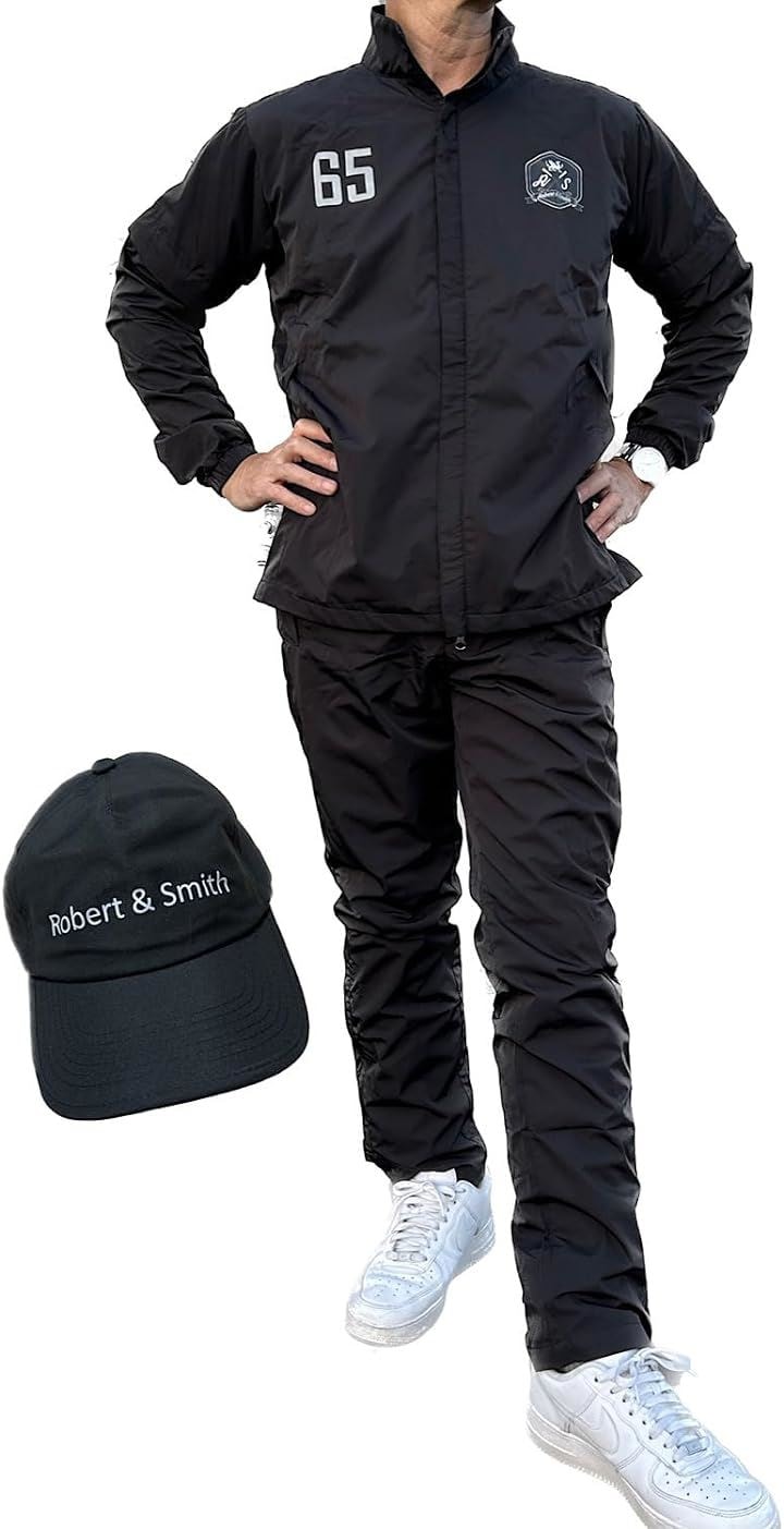 ゴルフ レインウエア 4点セット トップス・パンツ・レインキャップ・収納バッグ 耐水性20 000mm ウインドブレーカーにも使える２WAY(ブラック, XL)