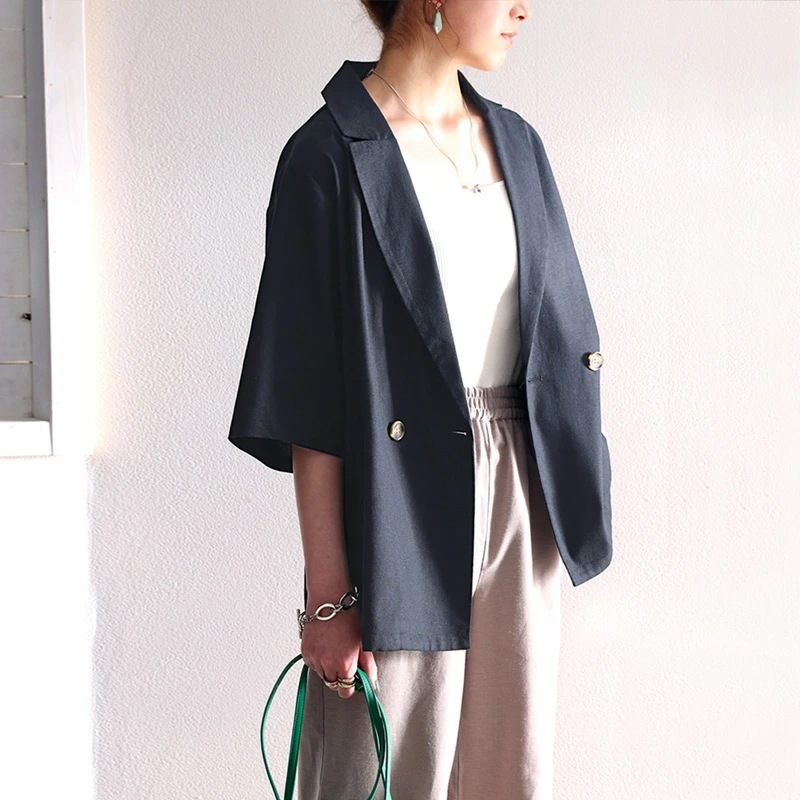 公式ストア メール便 送料無料 レディース トップス アウター コットン 半袖 ジャケット リネン 綿麻 ダブル