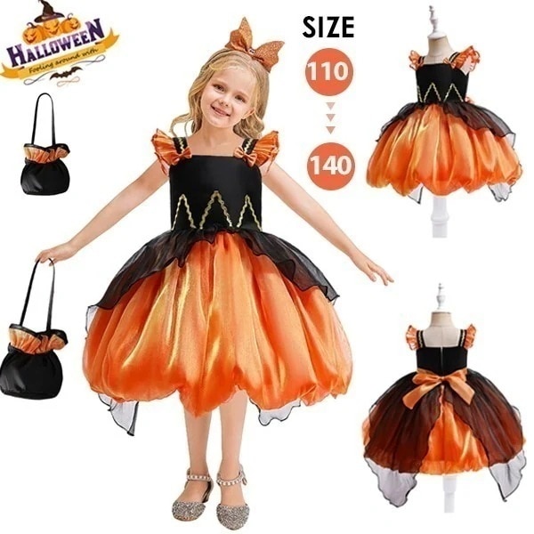 2点セット ハロウィン 仮装 子供 女の子 衣装 バッグ付き 子供ドレス ハロウィン コスプレ 可愛い コスチューム ワンピース コスプレ衣装 ドレス カボチャ 魔女 発表会 結婚式 コンクール お呼