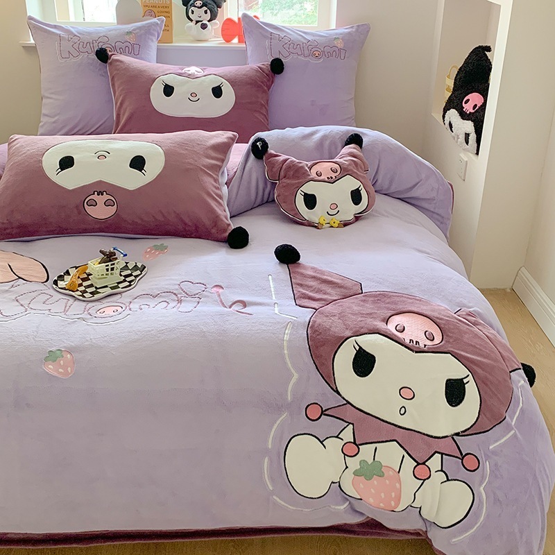 Culomi冬用両面ミルクベルベット4点セットサンリオ厚手コーラルベルベットアップリケ刺繍ベッドシーツと子供用掛け布団カバー 10,804円