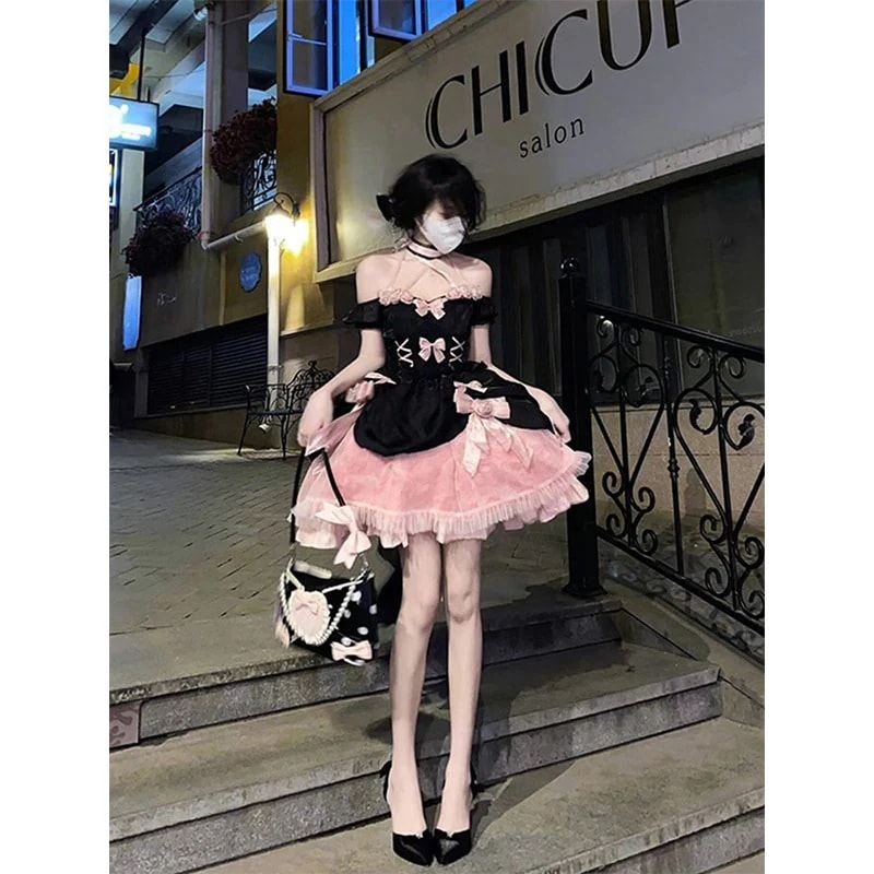 【3日出荷】クリスマス 黒×ピンクローズリボン JSK 甘め清楚系 お姫様ドレス