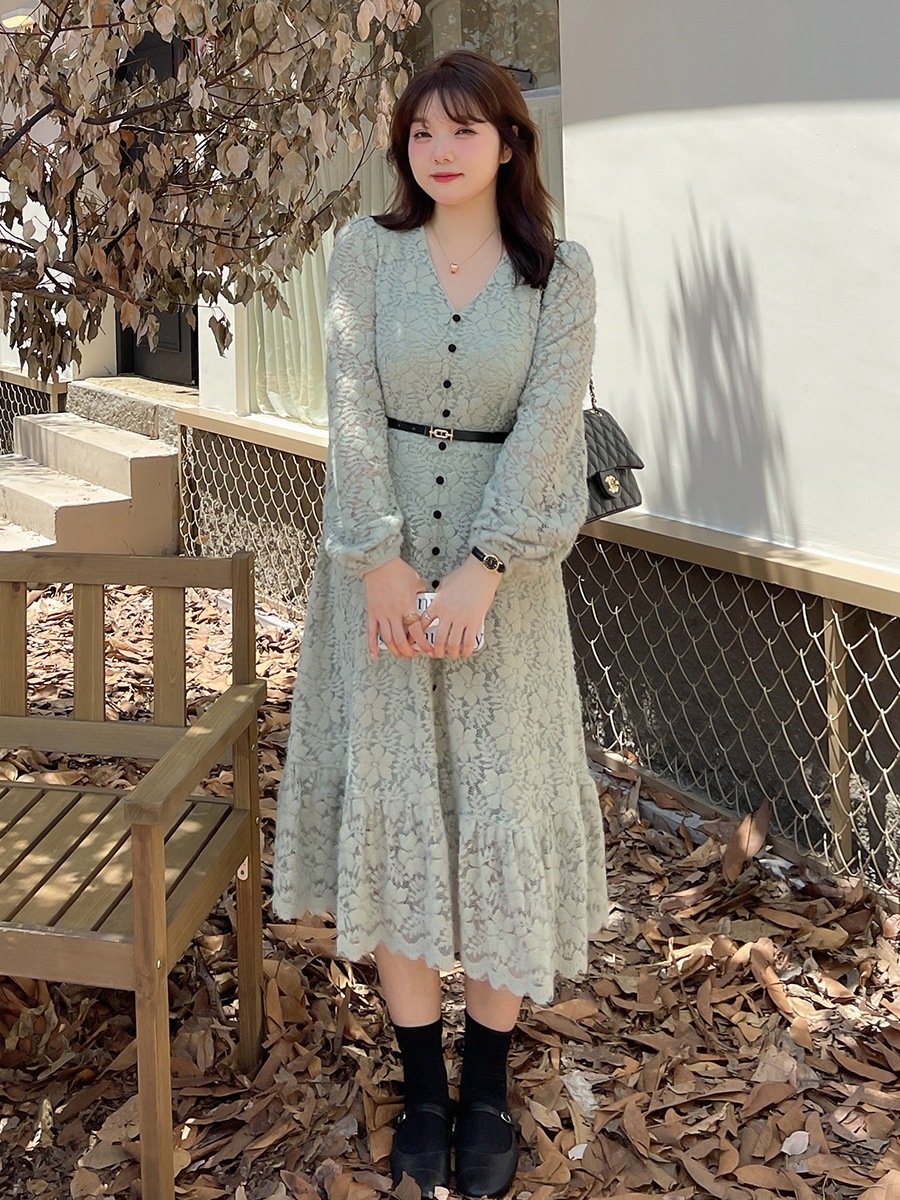 ワンピースレースワンピース大きいサイズVネック体型カバー長袖春夏ストレートマキシ丈 4,785円