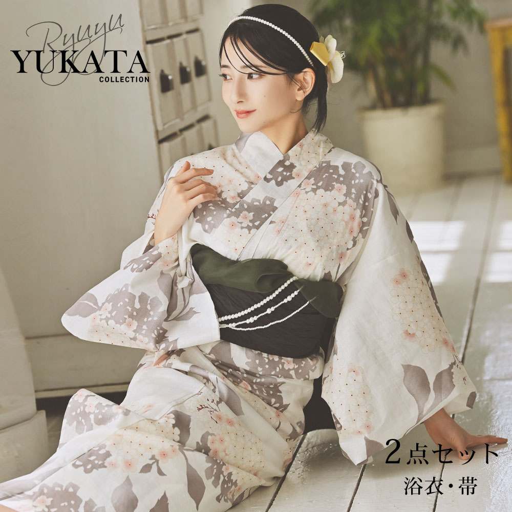浴衣 桜柄 花柄 白 くすみ ニュアンス 大人浴衣 上品 きれい おしゃれ 古典柄 Ryuyu