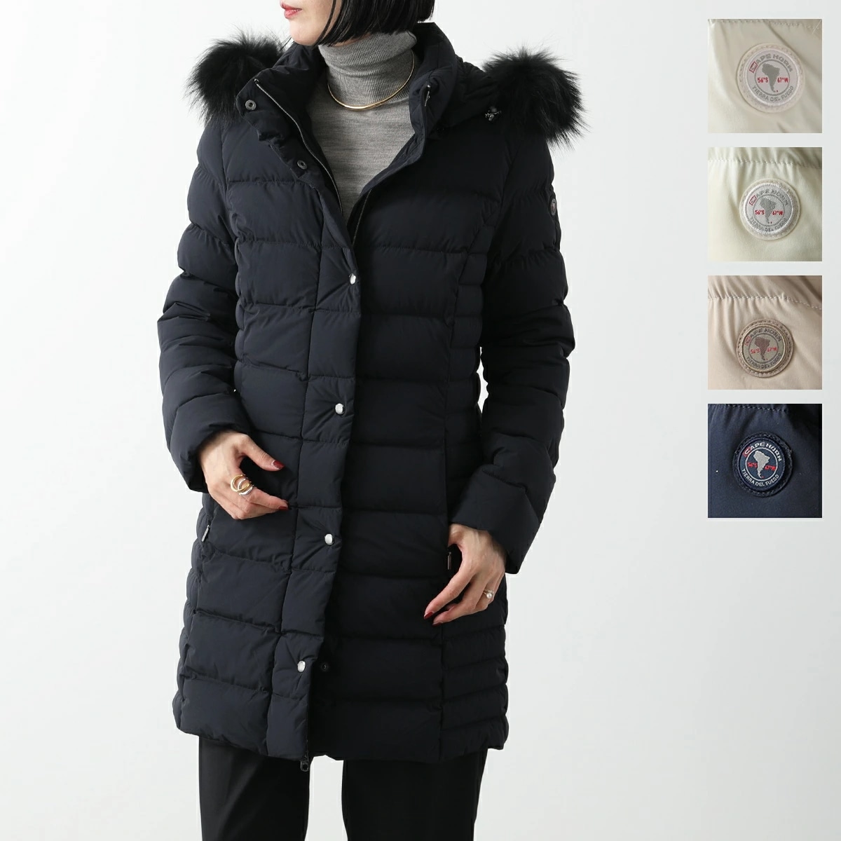 CAPE HORN ケープホーン ダウンコート QUINA MURMASKI 72575 レディース レディース フード付 ラクーンファー 撥水 ロゴ カラー5色