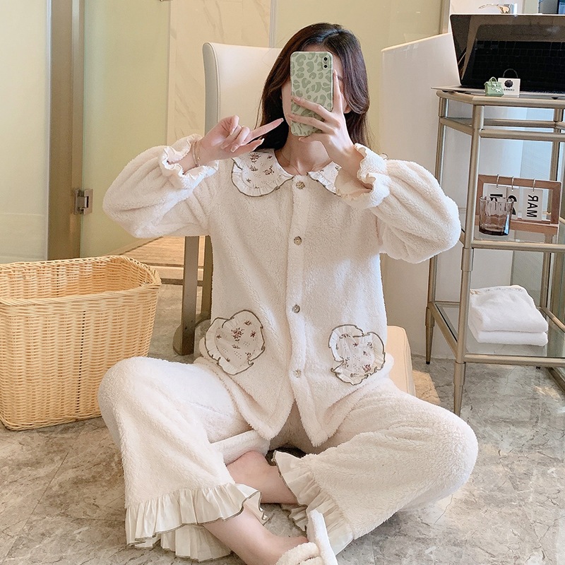 大きいサイズ パジャマ もこもこ 冬 秋冬 厚手暖かいナイトウェア レディース 長袖 上下セット ルームウェア 部屋着 寝間着 韓国日本系のレトロな花の珊瑚のパジャマ女性冬の甘くて可愛いです