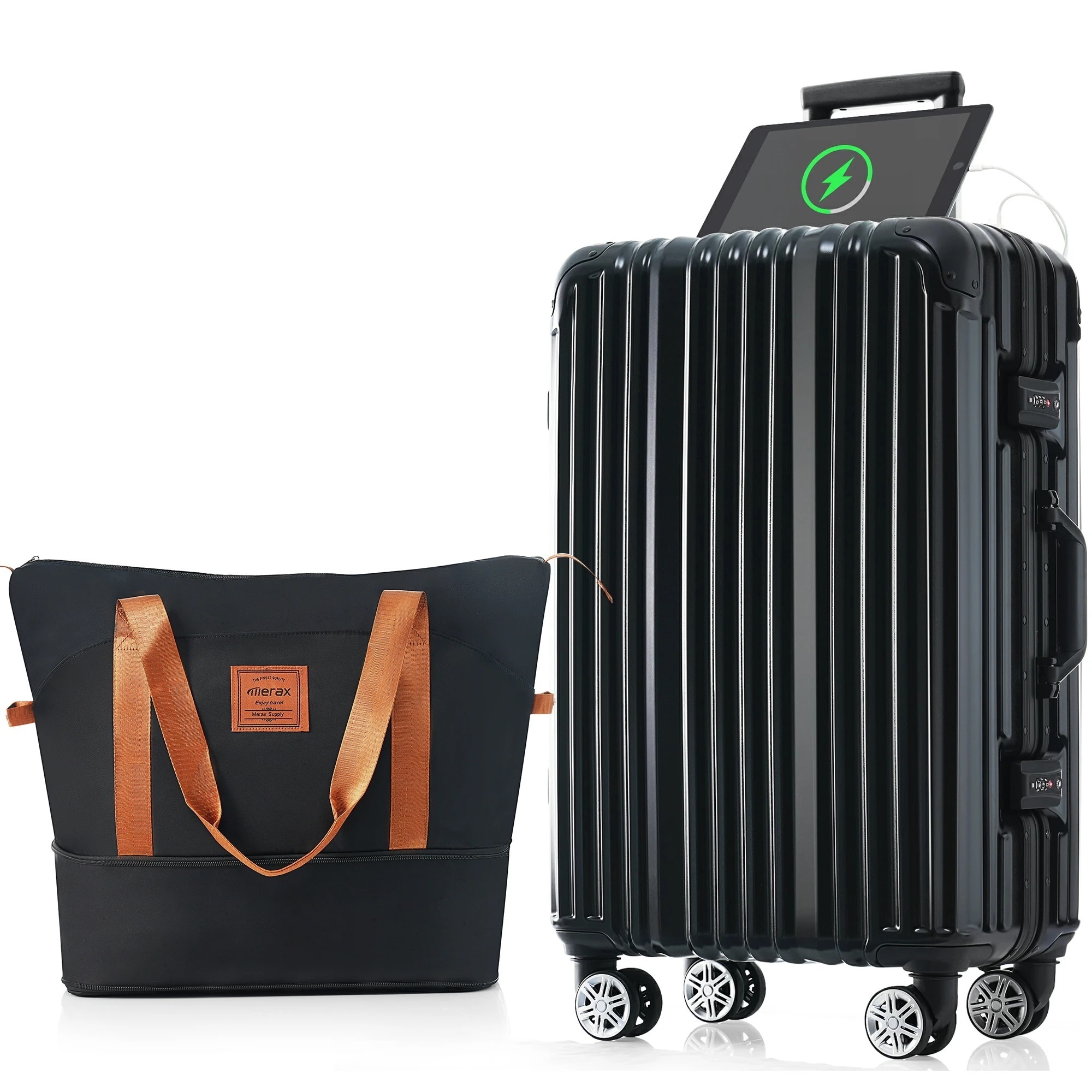 【2点購入で150OFF】品質良い!店舗お勧め! スーツケース Mサイズ アルミ ストッパー付き USBポートドリンクホルダー キャリーケース キャリーバッグ 3日~7日 中型 トートバッグ ハンドバ