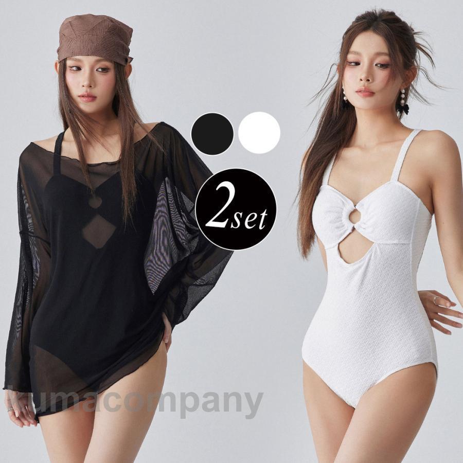 夏 水着 ワンピース オールインワン 体型カバー トップス 長袖 レディース 2点セット ギャル シースルートップス 7,706円