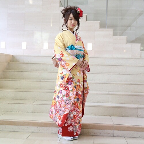 レンタル最大20日間 振袖 レンタル 成人式 セット 20点フルセット 黄 黄色 菊 桜 橘 鹿の子 レトロ 成人式から結婚式やフォーマルまで着物レンタル　貸衣装