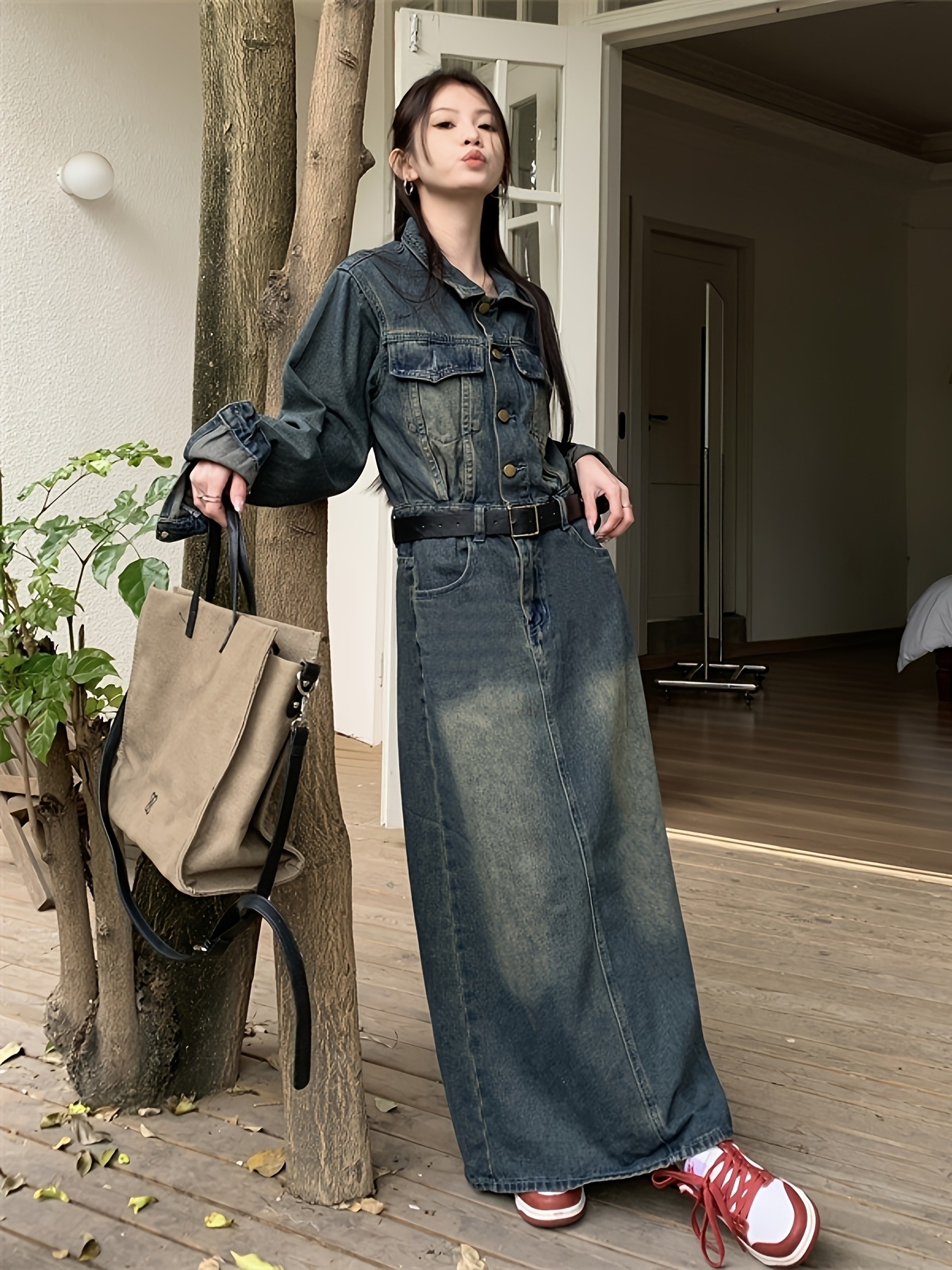 ヴィンテージリラクシーデニムワンピースウエストゴムレトロ