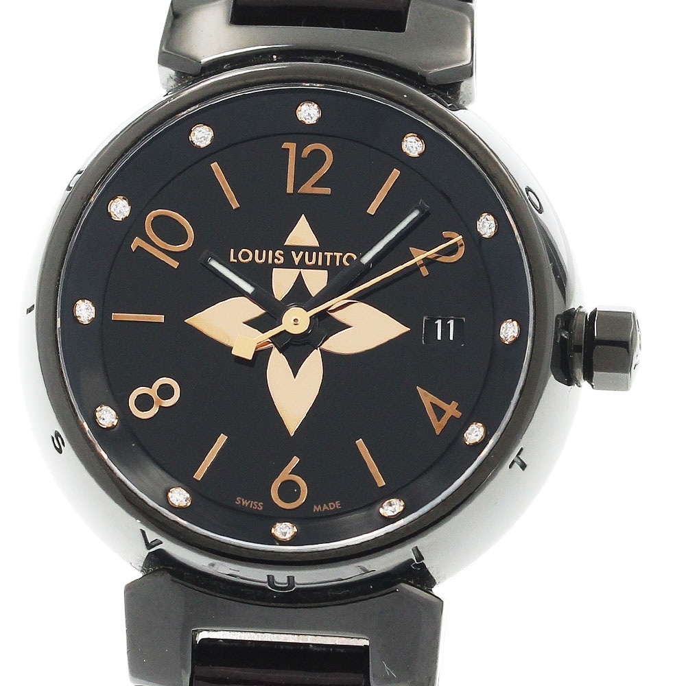 ルイ・ヴィトン LOUIS VUITTON QA047 タンブール オールブラックPM 12Pダイヤモンド クォーツ レディース _931651【中古】