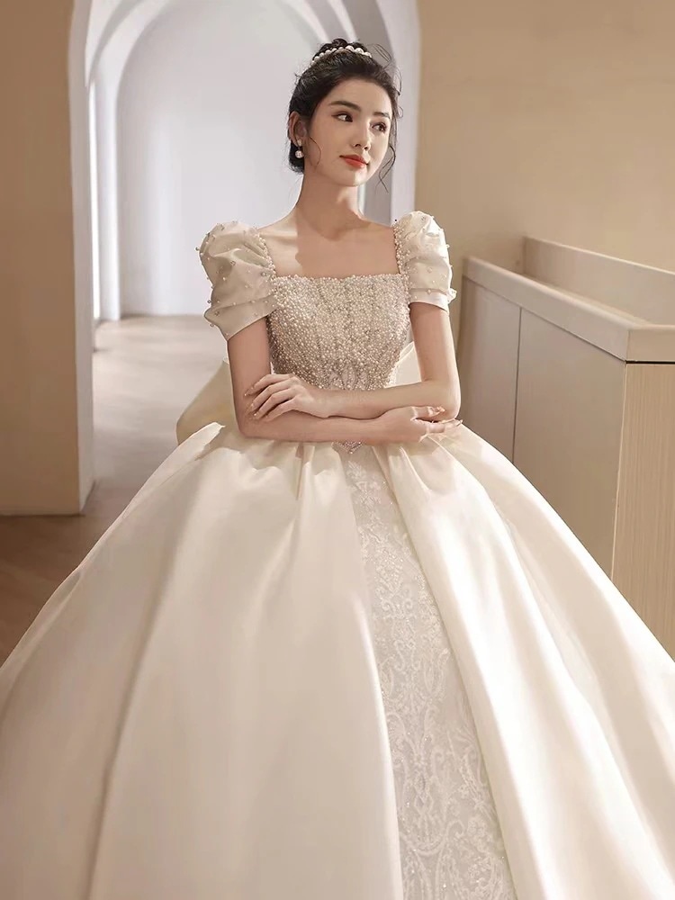 サテン ウェディングドレス 2025 ブライダル メインヤーン プリンセス ハイエンド テクスチャー レトロ 重工業 テール