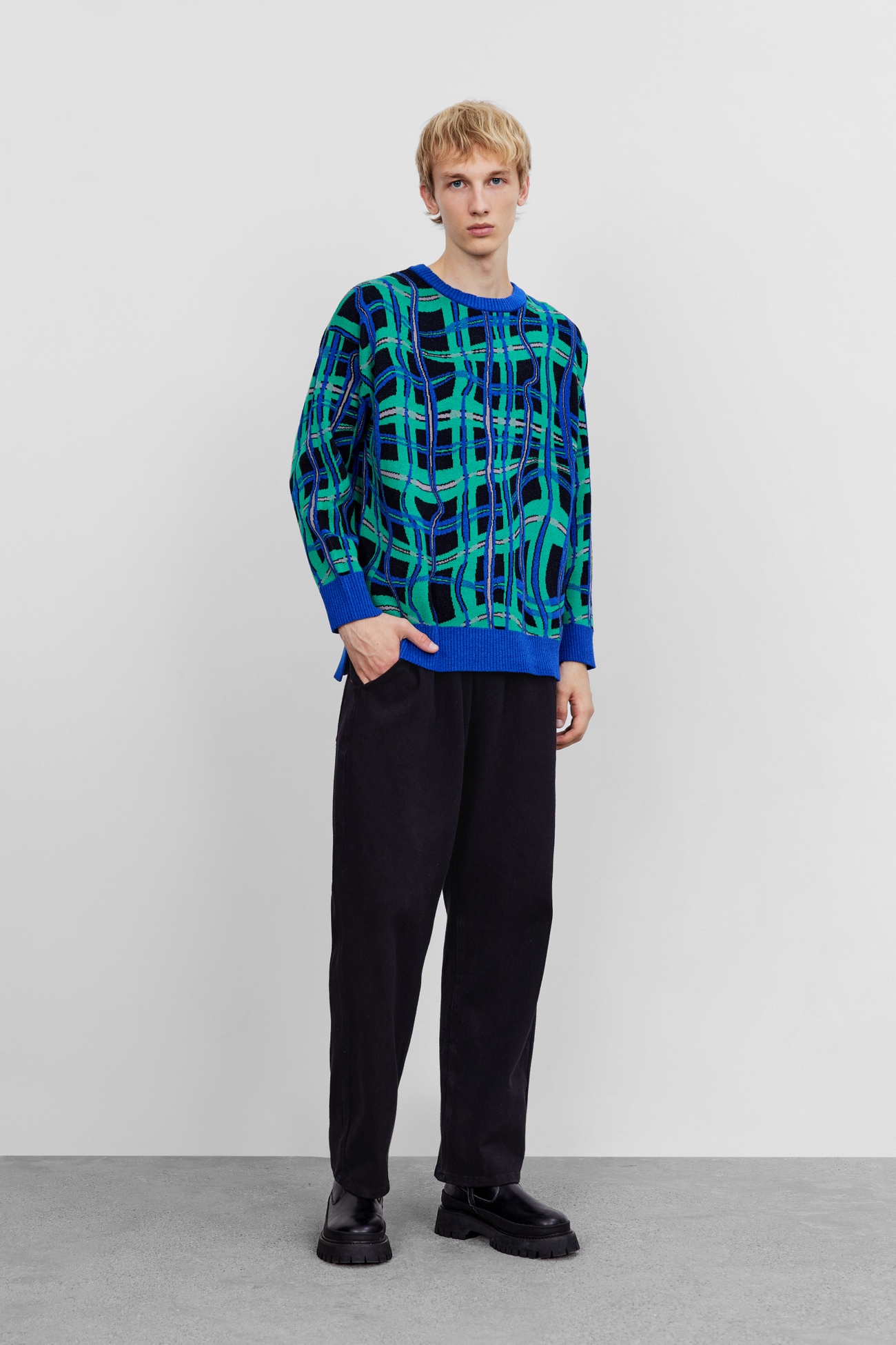 冬 紳士服 トレンド コントラストカラー ツイスト チェック プルオーバー ウォームセーター ブルー XS S M L トップス 袖あり 長袖 きれいめ シンプル おしゃれ お洒落 かっこいい ラフ