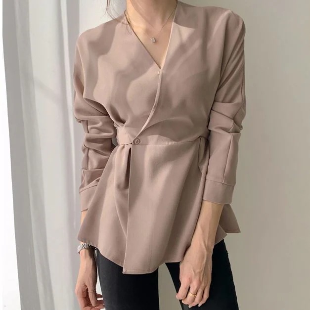 トップス レディース カシュクール ラップ 巻き チュニック シャツ ブラウス 長袖 無地