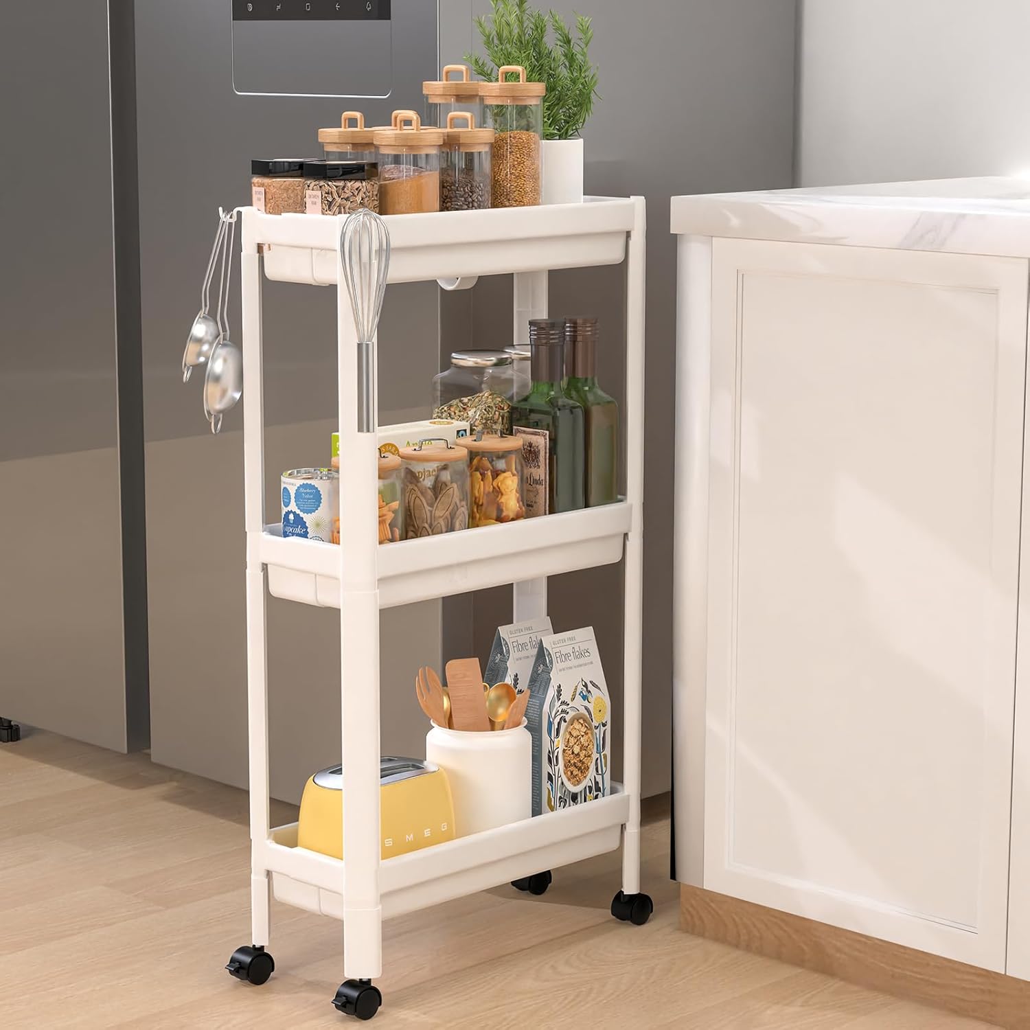 キッチンワゴン 幅調節可能 キャスター付き 3段 奥行40×幅14(調整後17cm)×高さ74.5cm ホワイト