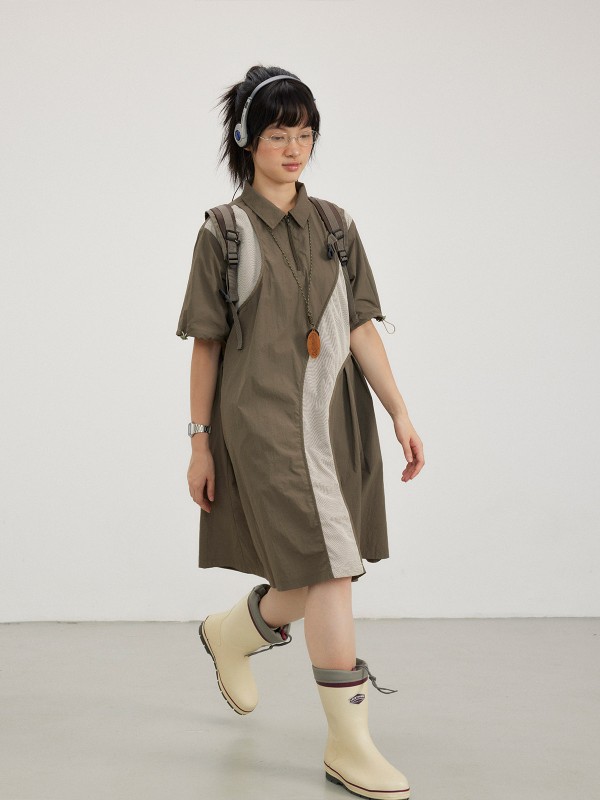 タコレトロステッチA字ウエストドレスオリジナルルーズカジュアルデザインシャツスカート