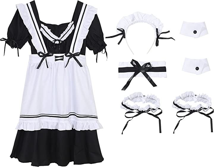 メイド服 コスチューム セット(B/半袖ブラック, 4XL)