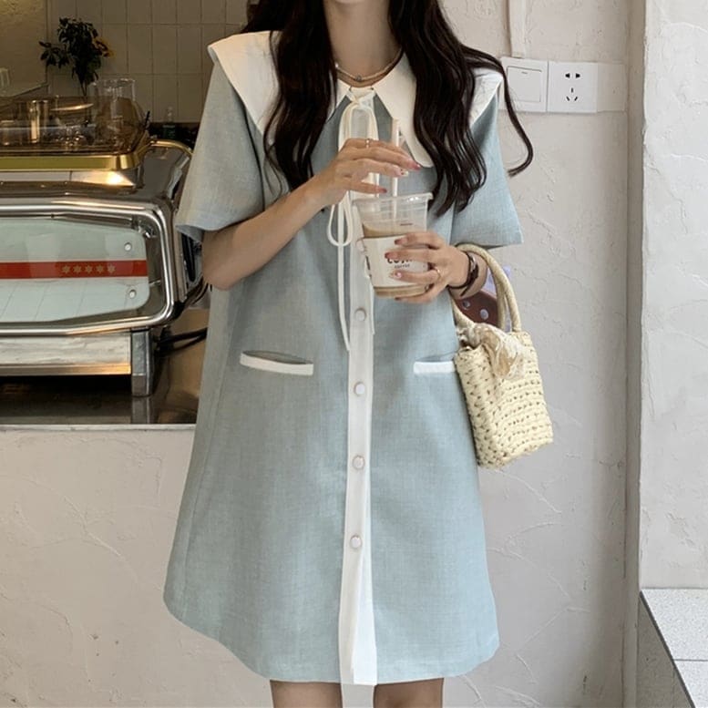 レディース ワンピース ショート丈 ビッグカラー 前ボタン 半袖 リボン ポケット ひざ上丈